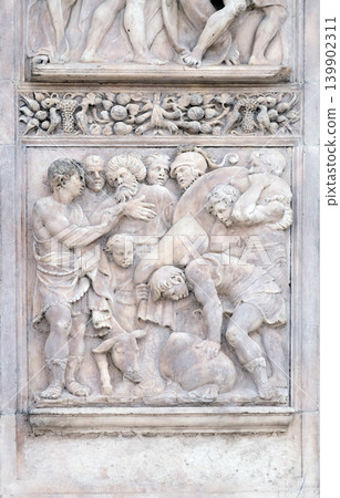 The finding of the cup in Benjamin's sack by Gerolamo da Treviso, right door of San Petronio Basilica in Bologna, Italy The finding of the cup in Benjamin's sack by Gerolamo da Treviso, right door of San Petronio Basilica in Bologna, Italy 139902311
