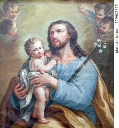 Saint Joseph holding baby Jesus, altarpiece in San Petronio Basilica in Bologna, Italy Saint Joseph holding baby Jesus, altarpiece in San Petronio Basilica in Bologna, Italy 139902315