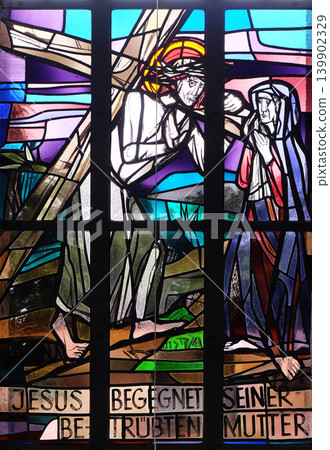 4th Stations of the Cross, Jesus meets His Mother, stained glass window in Saint Lawrence church in Kleinostheim, Germany 4th Stations of the Cross, Jesus meets His Mother, stained glass window in Saint Lawrence church in Kleinostheim, Germany 139902329