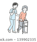 A senior woman walking with a walker and a man assisting her. 139902335
