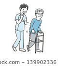 A senior man walking with a walker and another man assisting him. 139902336