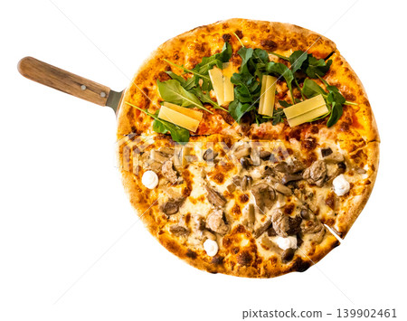 Top view of Pizza Truffle and mushroom, pizza Rucola and parmesan, focus selective Top view of Pizza Truffle and mushroom, pizza Rucola and parmesan, focus selective 139902461
