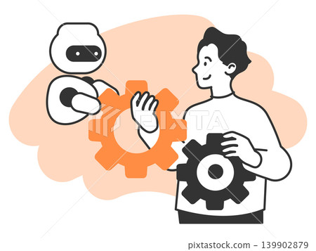 A line drawing illustration of a male office worker collaborating with an AI assistant and artificial intelligence to perform computer tasks and improve work processes. A line drawing illustration of a male office worker collaborating with an AI assistant and artificial intelligence to perform computer tasks and improve work processes. 139902879