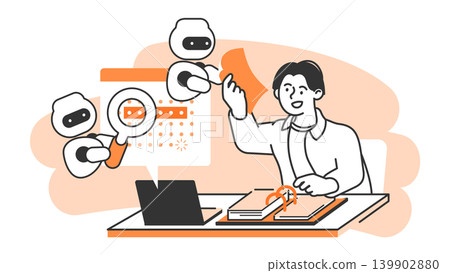 A line drawing illustration of a man using AI and OCR automatic text transcription functions to create documents and input data. A line drawing illustration of a man using AI and OCR automatic text transcription functions to create documents and input data. 139902880
