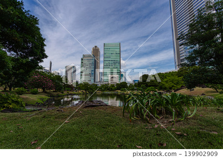 The pond at the former Shiba Rikyu Gardens with Tokyo's skyscrapers in the background, September 2023. The pond at the former Shiba Rikyu Gardens with Tokyo's skyscrapers in the background, September 2023. 139902909