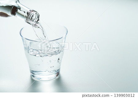 Pour bottled mineral water into a glass. Pour bottled mineral water into a glass. 139903012