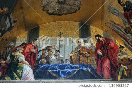 St. Mark's body being venerated by the Doge and Venetian magistrates, lunette mosaic of St. Mark's Basilica, Venice, Italy St. Mark's body being venerated by the Doge and Venetian magistrates, lunette mosaic of St. Mark's Basilica, Venice, Italy 139903237
