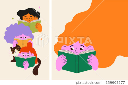 Colorful poster and banner with cute children and cat reading books. Doodles series for book fair 139903277