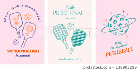 Pickleball tournament poster set with retro paddles, planet shaped pickle ball and cocktails. Summer 139903289