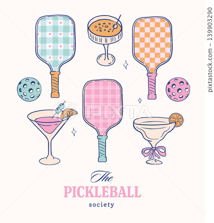 Pickleball society poster with retro paddles, cocktails and ball. Summer fun, sports and active Pickleball society poster with retro paddles, cocktails and ball. Summer fun, sports and active 139903290