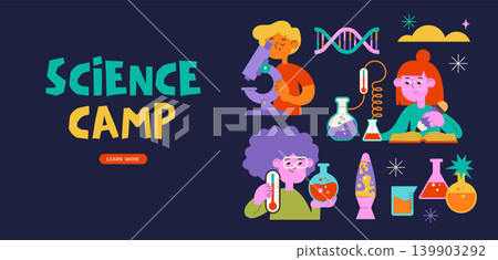 Colorful science camp poster and banner design. Kids learning and doing biology and chemistry Colorful science camp poster and banner design. Kids learning and doing biology and chemistry 139903292
