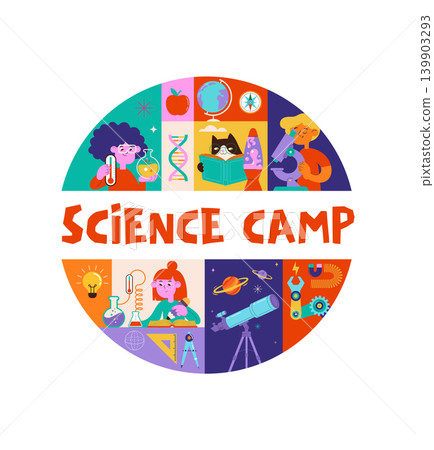 Colorful science camp badge design with kids learning vector cartoon illustrations. STEM activities Colorful science camp badge design with kids learning vector cartoon illustrations. STEM activities 139903293