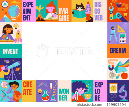 STEM education frame template with kids science illustrations. Summer camp and online learning STEM education frame template with kids science illustrations. Summer camp and online learning 139903294