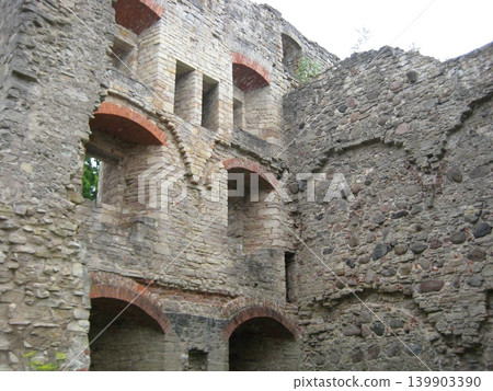 Medieval castle walls remaining at Cēsis Castle in Latvia 139903390