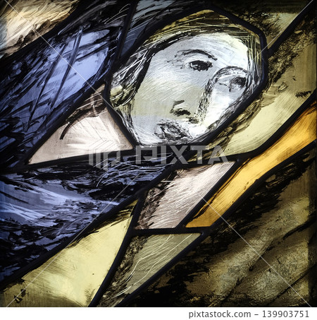 History of salvation - detail, stained glass window by Sieger Koder in church of Saint Bartholomew in Leutershausen, Germany History of salvation - detail, stained glass window by Sieger Koder in church of Saint Bartholomew in Leutershausen, Germany 139903751