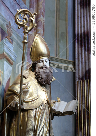 Saint Ambrose on the main altar of Holy Cross, parish Church of the Immaculate Conception of the Virgin Mary in Lepoglava, Croatia Saint Ambrose on the main altar of Holy Cross, parish Church of the Immaculate Conception of the Virgin Mary in Lepoglava, Croatia 139903790