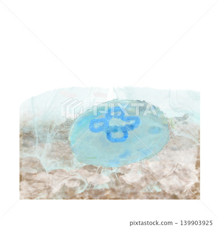 Square illustration of waves and jellyfish with an alcohol ink-style ocean background. Square illustration of waves and jellyfish with an alcohol ink-style ocean background. 139903925