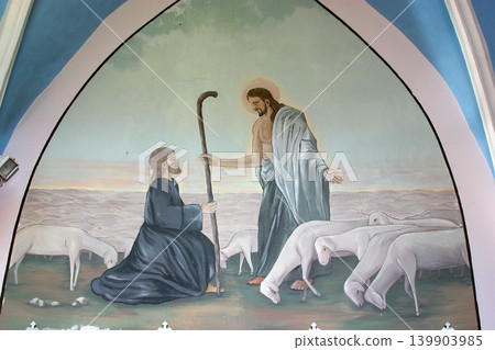 Jesus the Good Shepherd, fresco in the All Saints Church in the Bedenica, Croatia 139903985