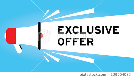 Color megaphone icon with word exclusive offer in white banner on blue background Color megaphone icon with word exclusive offer in white banner on blue background 139904083