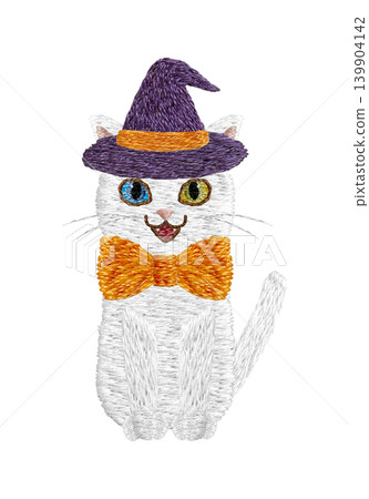 [White cat with odd-colored eyes wearing a hat] Hand-embroidered illustration material 139904142
