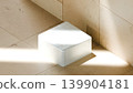 A pedestal with sunlight streaming into a tiled space. A space for branding and presentations. 139904181