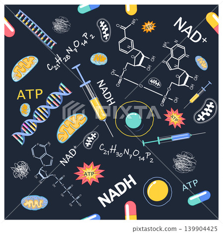 Seamless pattern. Longevity biotech & Cellular Health. Biohacking pattern with syringe, pills, DNA, cells, NADH, NAD+, ATP molecules and mitochondria structures on dark background 139904425