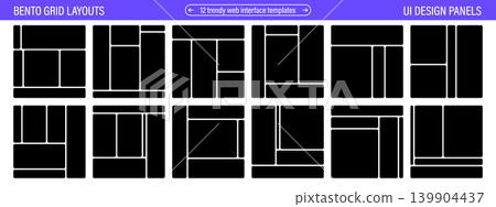 Black bento grid UI layouts with rounded corners. Modern geometric panels for web dashboards and app screens. Trendy modular template set. Black bento grid UI layouts with rounded corners. Modern geometric panels for web dashboards and app screens. Trendy modular template set. 139904437