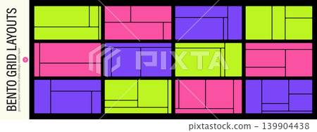 Set of bento grid designs. Rounded tile compositions for photo collages, mood boards, galleries and social media banners. Set of bento grid designs. Rounded tile compositions for photo collages, mood boards, galleries and social media banners. 139904438