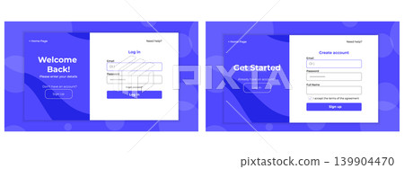 UI register and login page layout. User authentication interface with email and password fields. Simple and modern sign up and sign in form design for websites. UI register and login page layout. User authentication interface with email and password fields. Simple and modern sign up and sign in form design for websites. 139904470