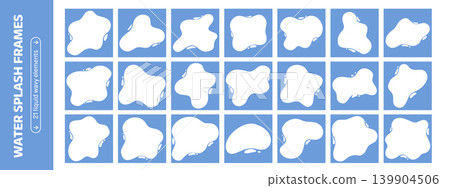 Water puddle shape set with blobs. Blue framed squares and playful wavy edges. Water puddle shape set with blobs. Blue framed squares and playful wavy edges. 139904506