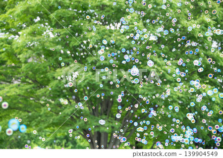 Colorful soap bubbles floating in the lush green forest Colorful soap bubbles floating in the lush green forest 139904549
