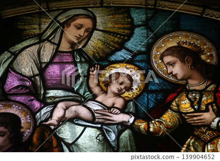 Engagement of Saint Catherine of Alexandria , stained glass window in the Catholic Church of the Birth of the Virgin Mary in Prcanj, Montenegro Engagement of Saint Catherine of Alexandria , stained glass window in the Catholic Church of the Birth of the Virgin Mary in Prcanj, Montenegro 139904652