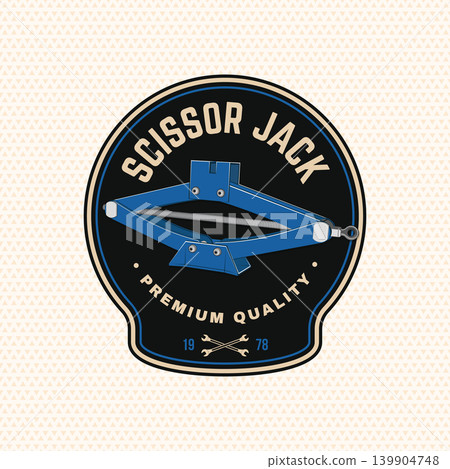 Vintage Scissor Jack Badge with Automotive Lifting Tool in Retro Garage Patch Style Vector Illustration Vintage Scissor Jack Badge with Automotive Lifting Tool in Retro Garage Patch Style Vector Illustration 139904748