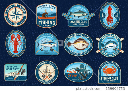 Vintage Fishing Badge Set with Retro Nautical Patches, Marine Adventure Emblems and Sport Fishing Vector Stickers. Vintage Fishing Badge Set with Retro Nautical Patches, Marine Adventure Emblems and Sport Fishing Vector Stickers. 139904753