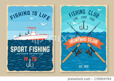 Vintage Sport Fishing Poster Set with Retro Boat and Nautical Club Designs. Outdoor adventure poster in retro style for camping lifestyle branding and print design vector illustration. 139904764