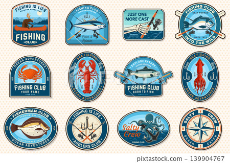 Vintage Fishing Patch Bundle with Retro Nautical Badges and Marine Adventure Stickers. Retro marine sticker pack vector set for apparel, branding and sport fishing design. 139904767