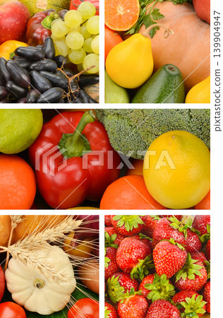 Vibrant collection of fresh fruits, vegetables, and berries collage. Vibrant collection of fresh fruits, vegetables, and berries collage. 139904947