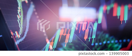 Abstract macro shot of financial stock market charts on a computer screen. Neon glowing trading and cryptocurrency indicators with visible pixel grid. 139905003