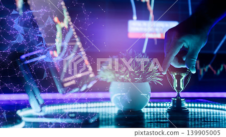 Trading Success Concept with Trophy, Market Chart and Digital Network Overlay Trading Success Concept with Trophy, Market Chart and Digital Network Overlay 139905005
