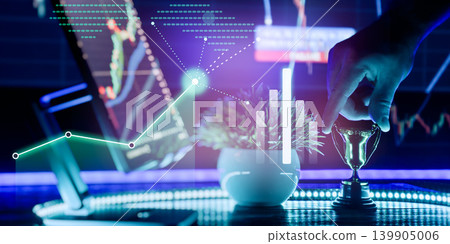 Trading Performance Growth Concept with Trophy, Tablet Chart and Analytics Overlay Trading Performance Growth Concept with Trophy, Tablet Chart and Analytics Overlay 139905006