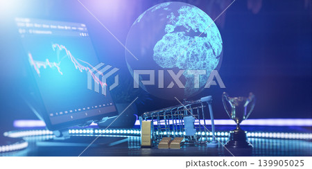 Gold bars and a miniature shopping cart beside a tablet displaying a market chart and a glowing digital globe, concept of global bullion investment, precious metal trade Gold bars and a miniature shopping cart beside a tablet displaying a market chart and a glowing digital globe, concept of global bullion investment, precious metal trade 139905025