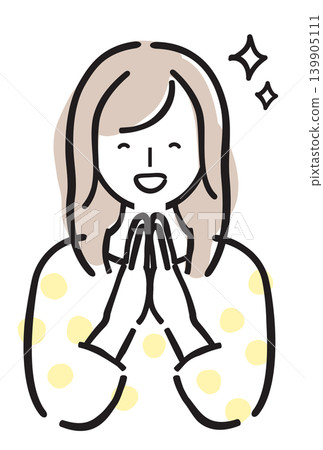 A joyful woman, smiling and clasping her hands together, expressing gratitude and happiness. Simple, hand-drawn illustration in pastel colors. 139905111
