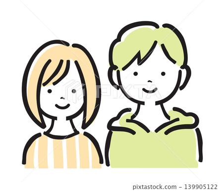 一組兩個孩子的插圖:兄妹倆,面帶微笑,小學生年齡,幼兒,簡單的手繪插圖。 一組兩個孩子的插圖:兄妹倆,面帶微笑,小學生年齡,幼兒,簡單的手繪插圖。 139905122