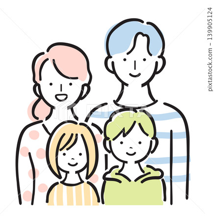 一組四口之家的插圖:兩個微笑的孩子,育兒,家庭,簡單的手繪插圖。 一組四口之家的插圖:兩個微笑的孩子,育兒,家庭,簡單的手繪插圖。 139905124