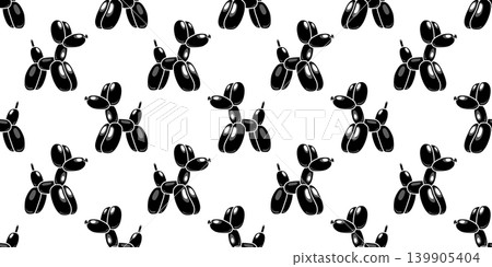 Classic balloon dog. Vector seamless pattern of cute cartoon bubble animal in black color isolated on white background. Design element for logo, card, t-shirt print, invitation, accessories Classic balloon dog. Vector seamless pattern of cute cartoon bubble animal in black color isolated on white background. Design element for logo, card, t-shirt print, invitation, accessories 139905404