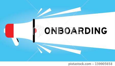 Color megaphone icon with word oboarding in white banner on blue background Color megaphone icon with word oboarding in white banner on blue background 139905658