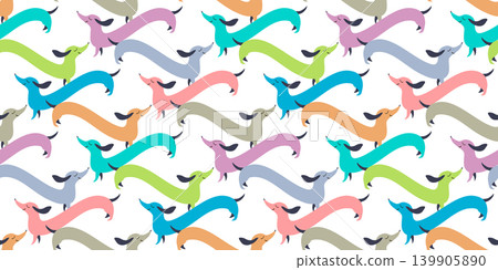Vector seamless pattern with funny long Dachshund dog. Cute background in cartoon style. Design element can be used for decoration of greetings cards, invitations, prints, posters, banners, wrapping Vector seamless pattern with funny long Dachshund dog. Cute background in cartoon style. Design element can be used for decoration of greetings cards, invitations, prints, posters, banners, wrapping 139905890