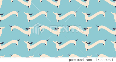 Vector seamless pattern with funny long Dachshund dog. Cute background in cartoon style. Design element can be used for decoration of greetings cards, invitations, posters, banners, wrapping paper Vector seamless pattern with funny long Dachshund dog. Cute background in cartoon style. Design element can be used for decoration of greetings cards, invitations, posters, banners, wrapping paper 139905891