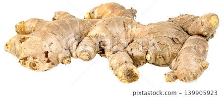 Fresh whole ginger root isolated. Large organic ginger rhizome with textured skin. Perfect for cooking, herbal medicine, and healthy food concepts. Studio macro photography. Fresh whole ginger root isolated. Large organic ginger rhizome with textured skin. Perfect for cooking, herbal medicine, and healthy food concepts. Studio macro photography. 139905923