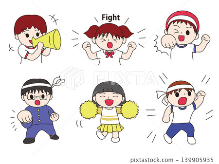 一組描繪男孩和女孩在學校運動會上加油的小人偶。 一組描繪男孩和女孩在學校運動會上加油的小人偶。 139905935